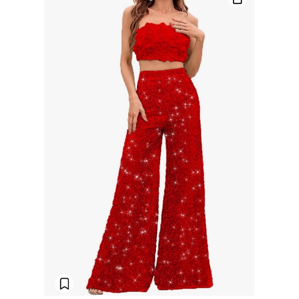Two Piece Set Red 3D Flower Tube Top with Sequin Flare Pants (NOYIVA)
